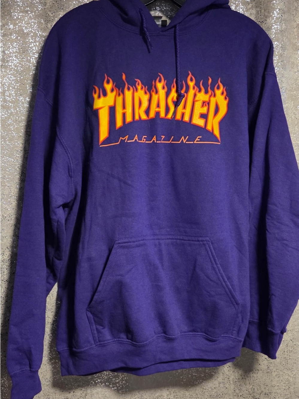Thrasher Purple Hoodie with Yellow and Orange Flame Logo